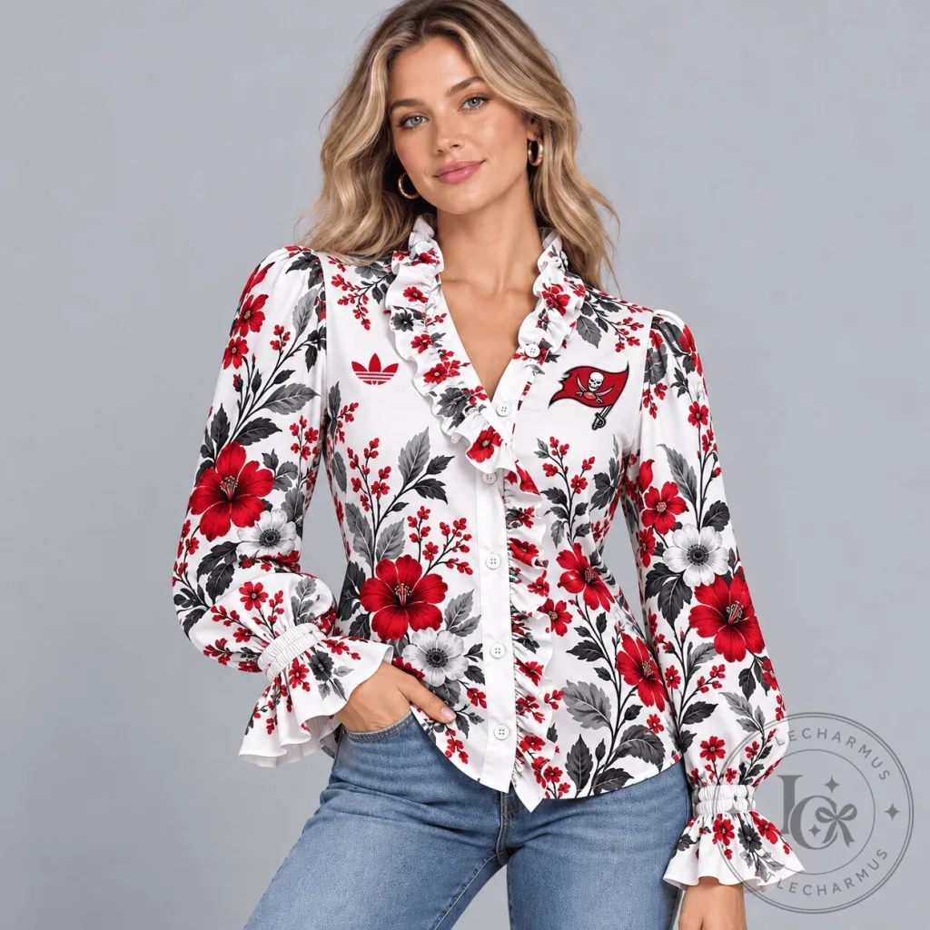 Tampa Bay Buccaneers Adidas Vintage Floral Ruffle Neck Long Sleeve Blouse Tampa Bay Buccaneers Adidas Vintage Floral Ruffle Neck Long Sleeve Blouse