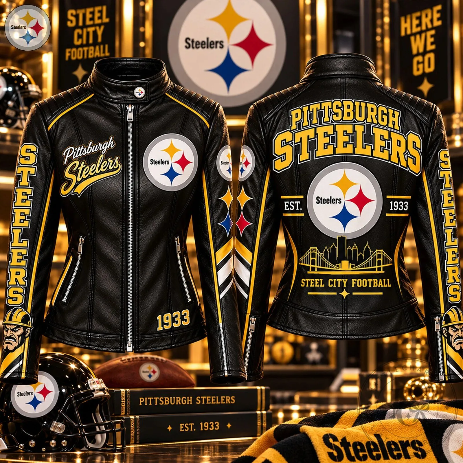 Pittsburgh Steelers Football Team Black Leather Biker Jacket for Women 1 Pittsburgh Steelers Football Team Black Leather Biker Jacket for Women