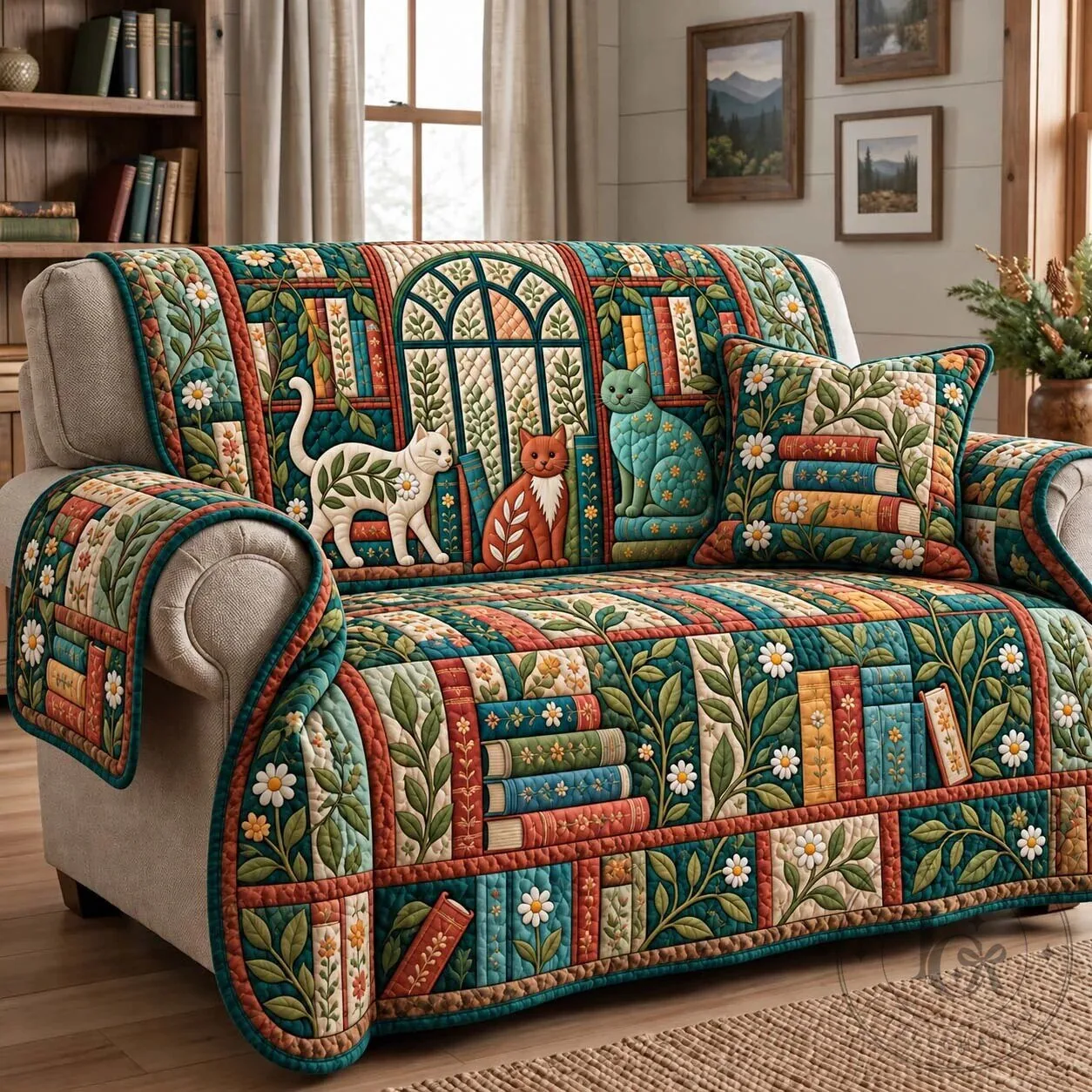 Garden Library Cats Quilted Sofa Cover with Book and Floral Pattern 11 Garden Library Cats Quilted Sofa Cover with Book and Floral Pattern