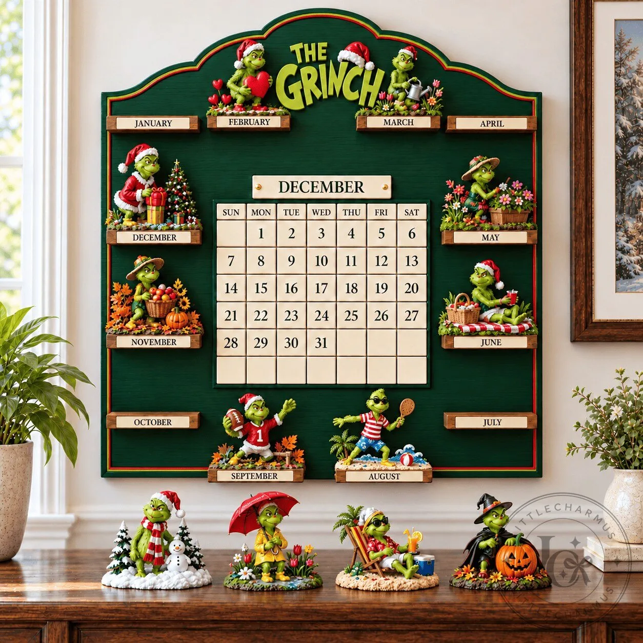 The Grinch Christmas Perpetual Calendar with Monthly Figurines Wall Decor 2D 1 The Grinch Christmas Perpetual Calendar with Monthly Figurines Wall Decor