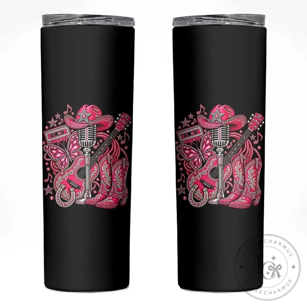 Pink Glam Cowgirl Boots Butterfly Rhinestone Country Music Tribute Skinny Tumbler
