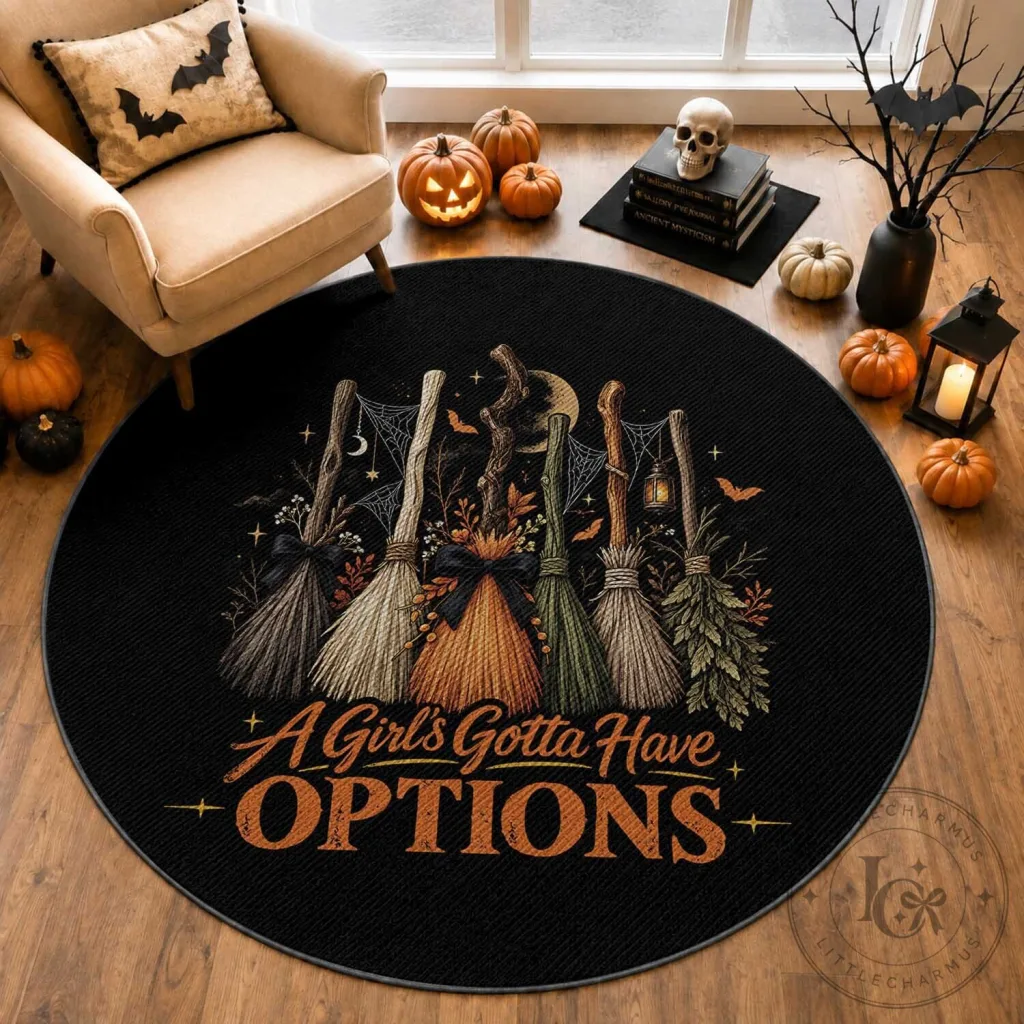 Funny Witch Broomsticks Halloween Graphic Round Rug Funny Witch Broomsticks Halloween Graphic Round Rug