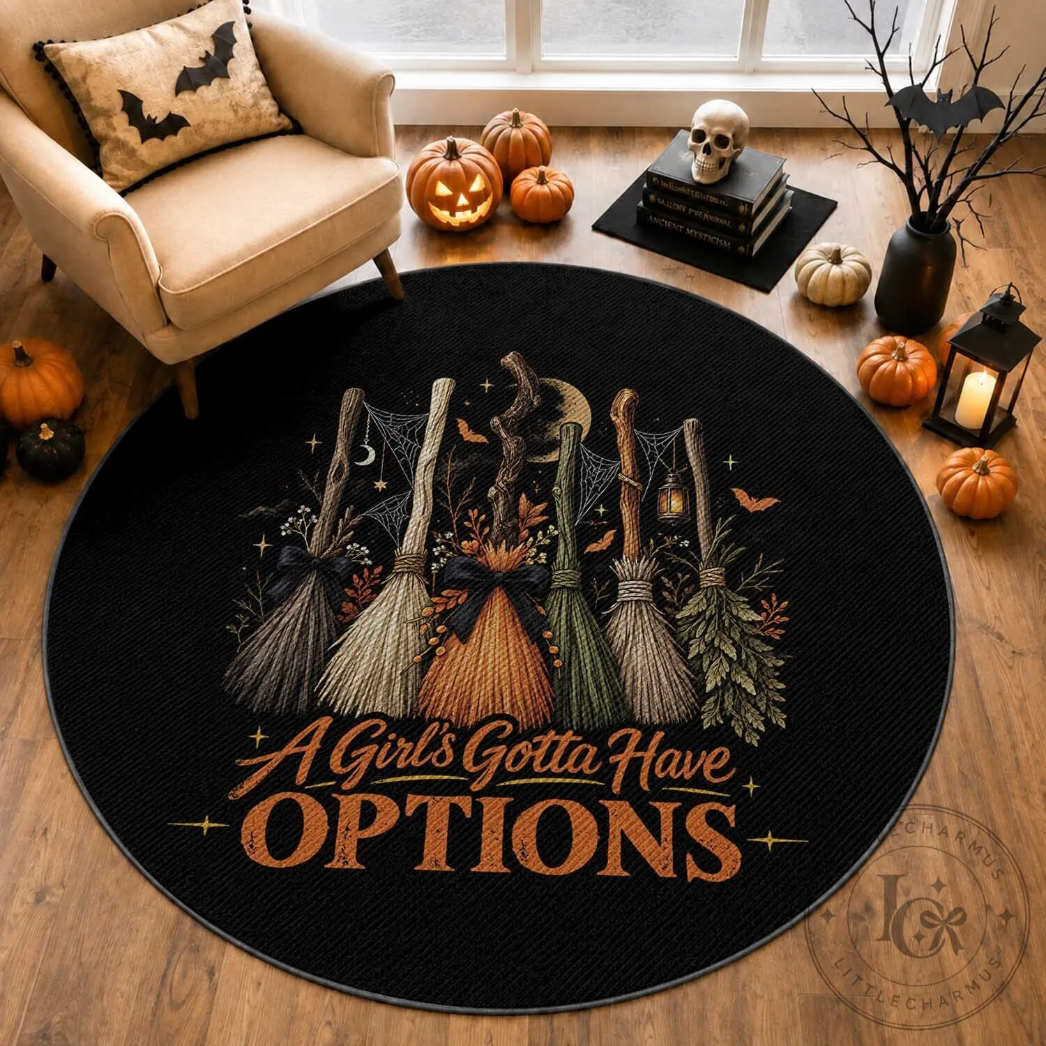 Funny Witch Broomsticks Halloween Graphic Round Rug 3 Funny Witch Broomsticks Halloween Graphic Round Rug