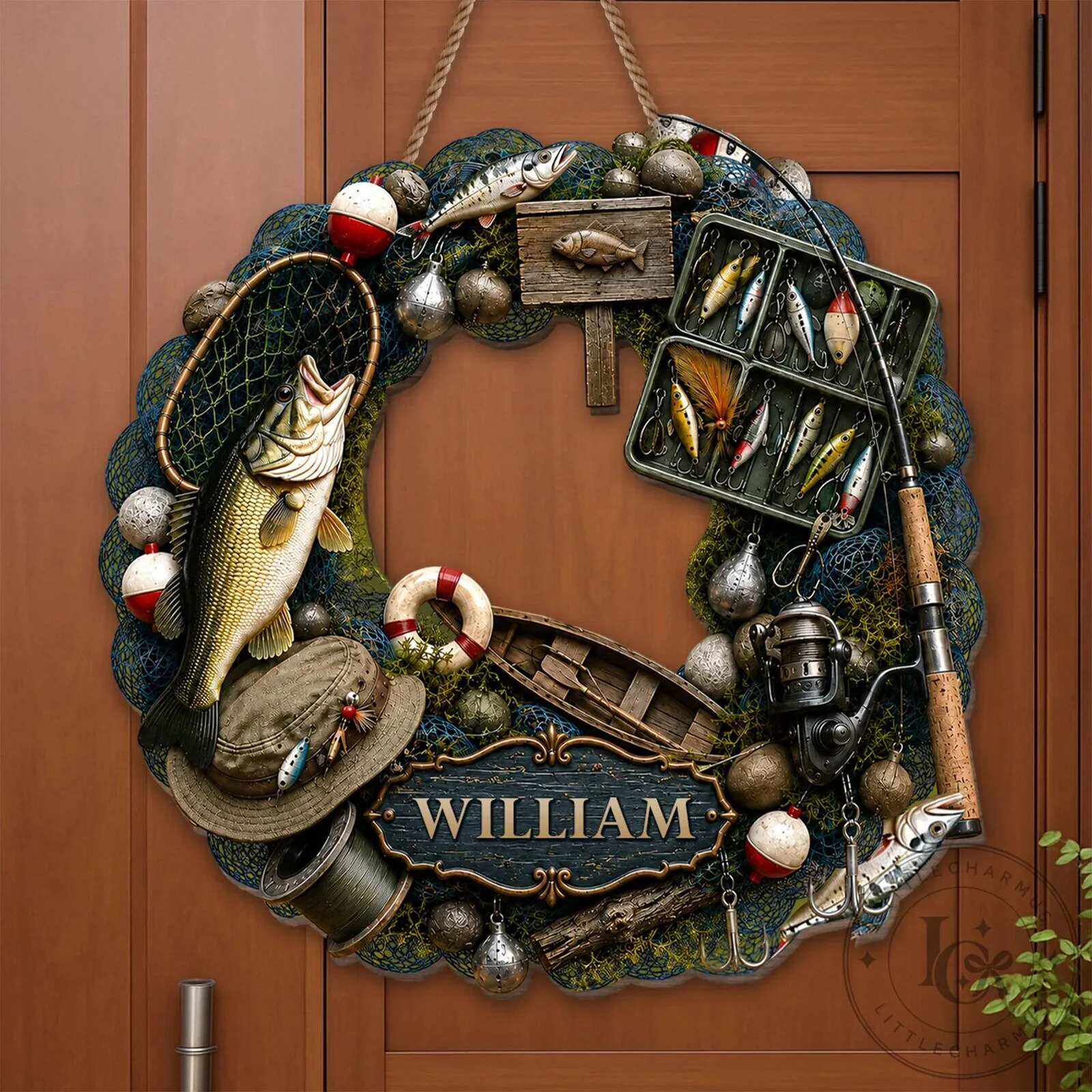 Personalized Fishing Wreath Custom Name Gift for Fishing Lovers Home Decor