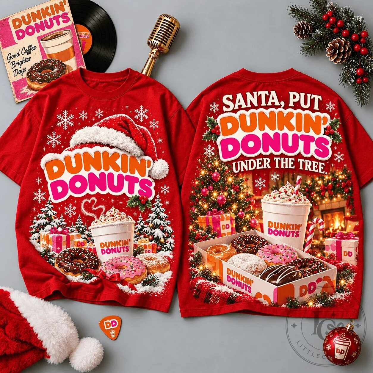 Dunkin' Donuts Christmas Holiday Donut and Coffee Santa Hat T-Shirt 2 Dunkin' Donuts Christmas Holiday Donut and Coffee Santa Hat T-Shirt