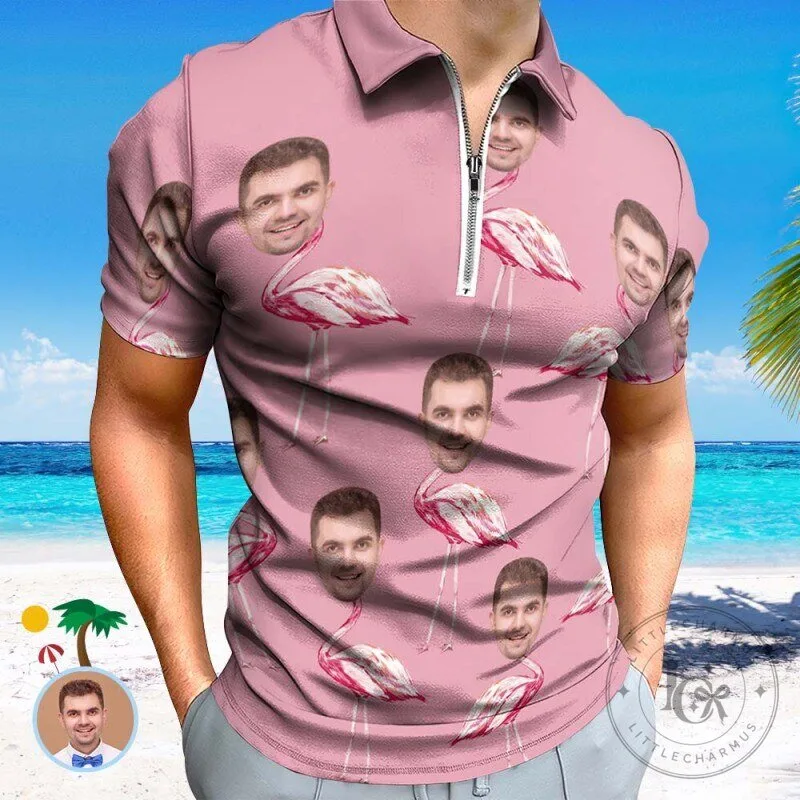 Pink Flamingo Personalized Face Men's Zipper Polo Shirt