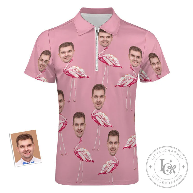 Pink Flamingo Personalized Face Men's Zipper Polo Shirt 14 Pink Flamingo Personalized Face Men
