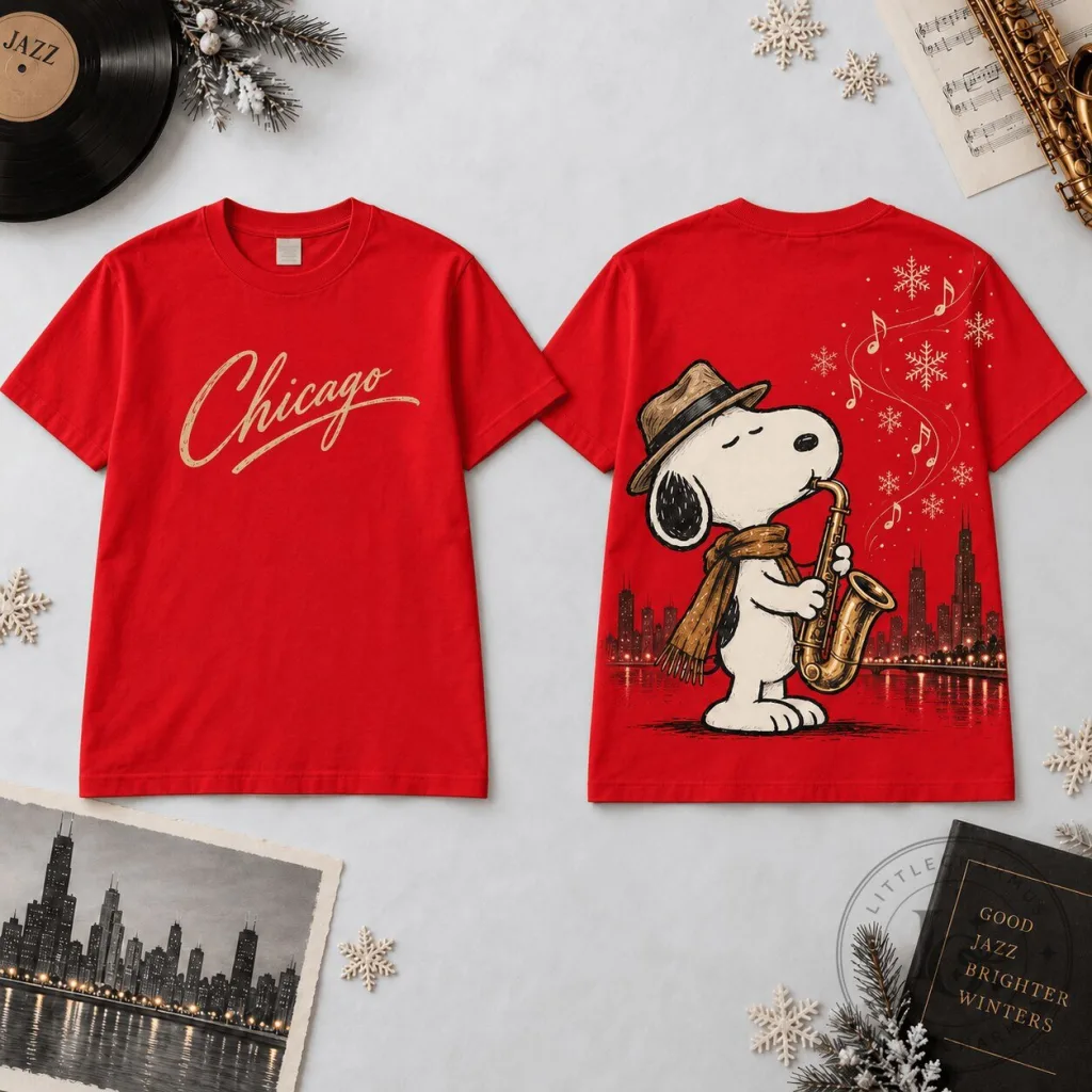 Snoopy Chicago Winter Jazz Saxophone Music Lover Red T-Shirt Snoopy Chicago Winter Jazz Saxophone Music Lover Red T-Shirt