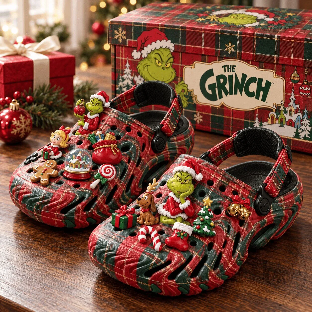 The Grinch Christmas Plaid Clog Shoes with Holiday Charms