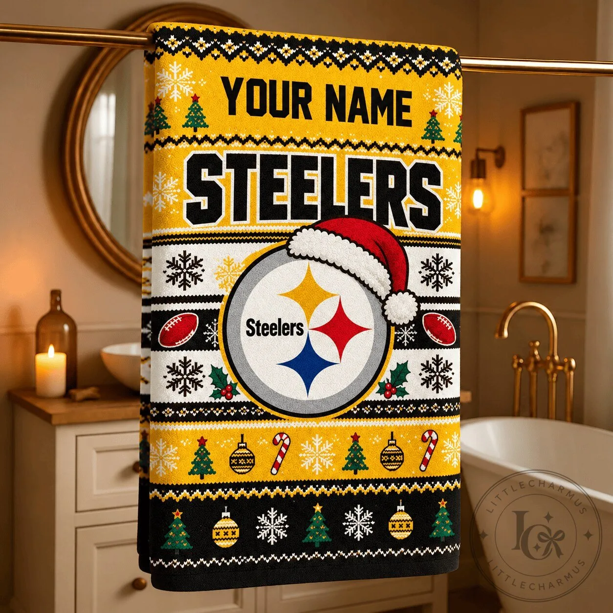 Pittsburgh Steelers Christmas Ugly Sweater Style Custom Name Bath Towel