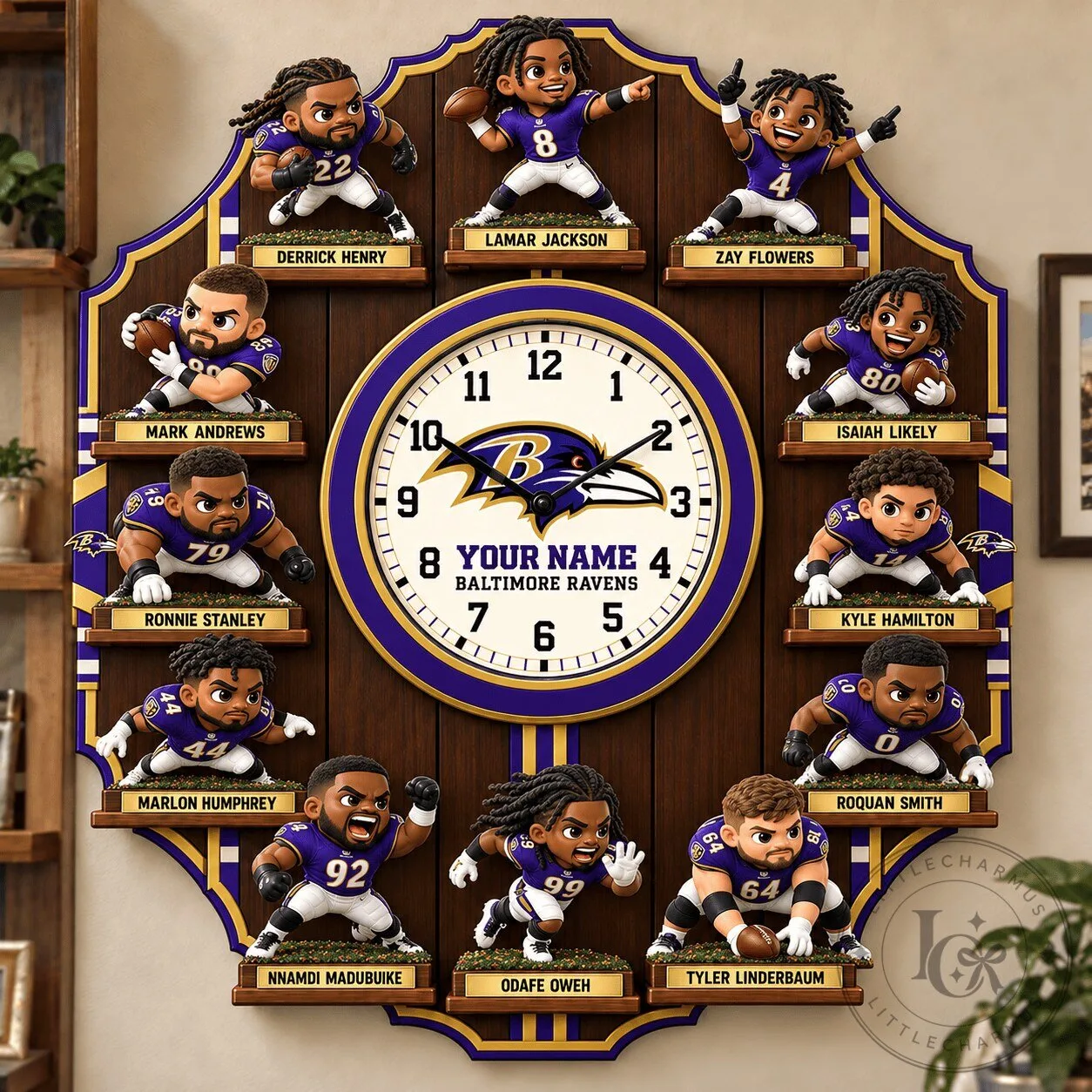 Wooden Wall Clock Featuring Caricature of Baltimore Ravens NFL Football Team Player
