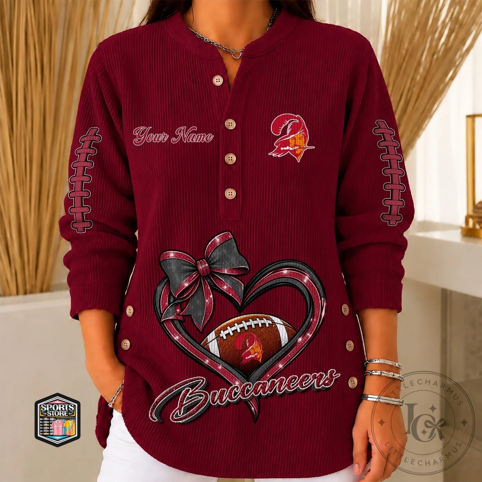 Tampa Bay Buccaneers Football Heart Bow Custom Name Long Sleeve Shirt
