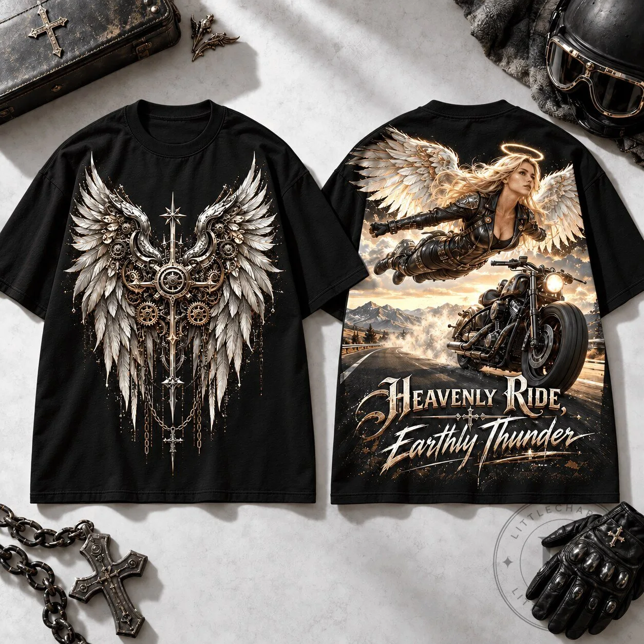 Heavenly Ride Earthly Thunder Angel Biker Motorcycle Graphic T-Shirt