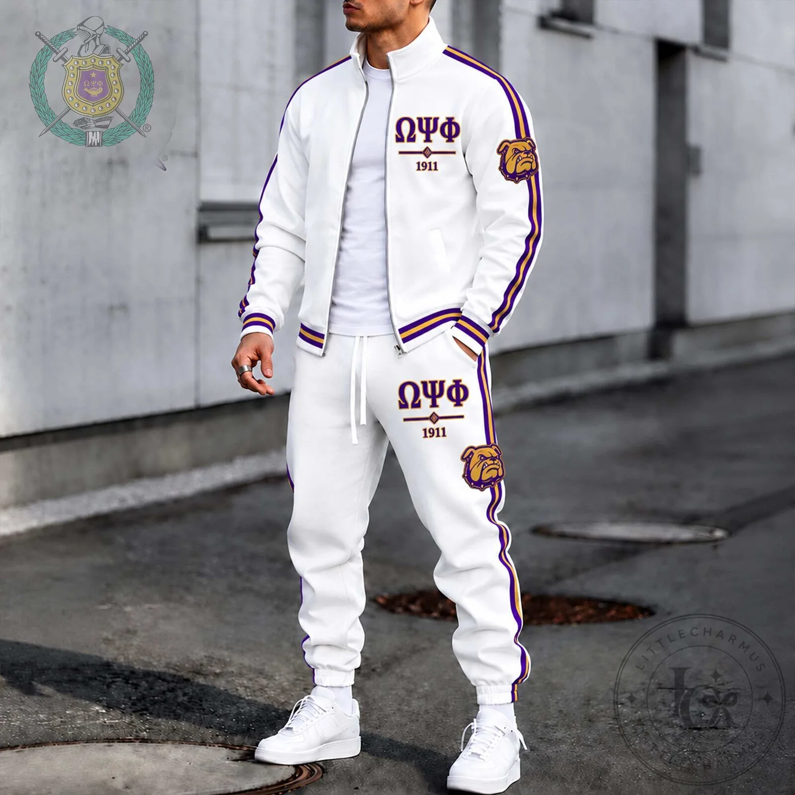 White Tracksuit Set featuring Bulldog Logo and 1911 Founding Year for Omega Psi Phi Fraternity