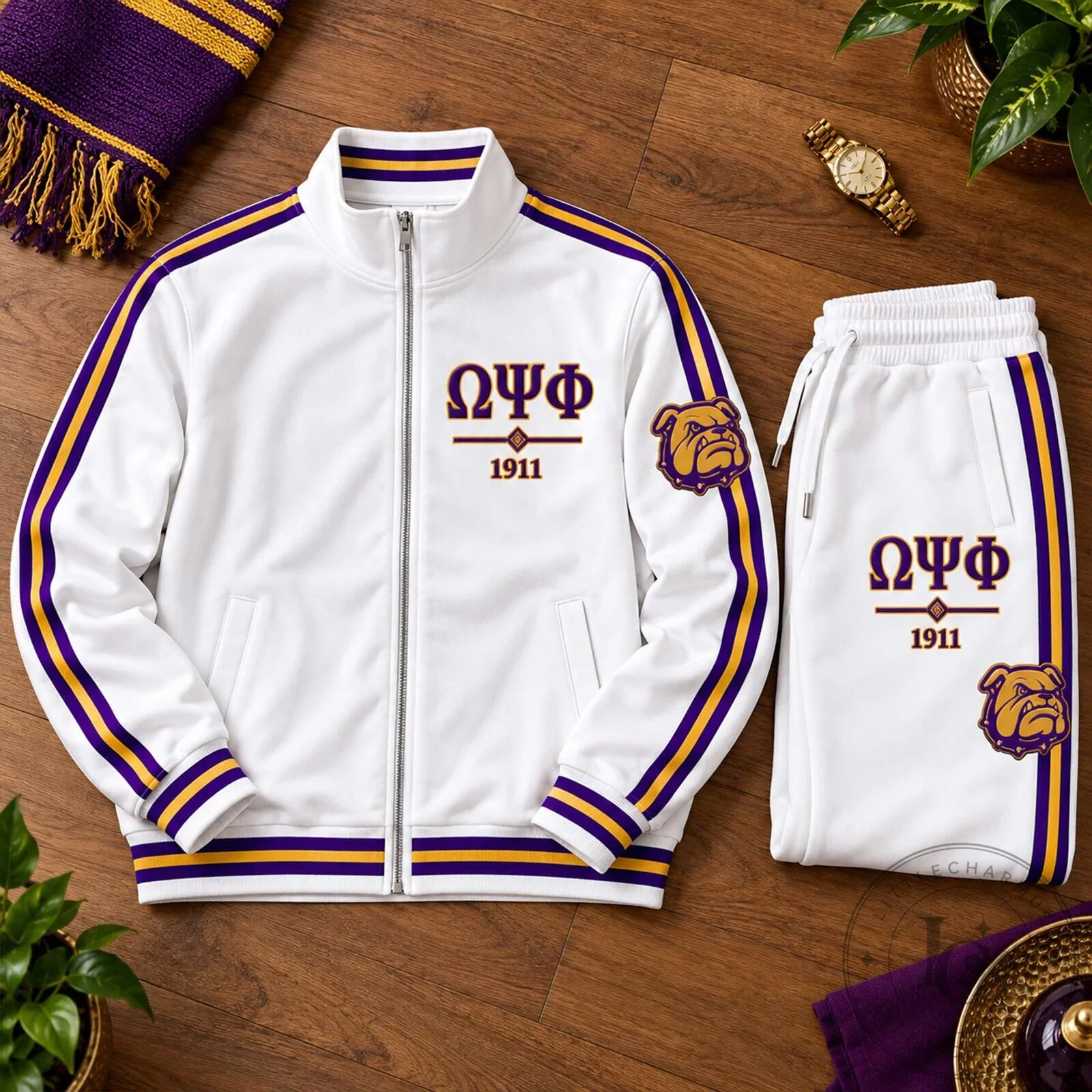 White Tracksuit Set featuring Bulldog Logo and 1911 Founding Year for Omega Psi Phi Fraternity 10 White Tracksuit Set featuring Bulldog Logo and 1911 Founding Year for Omega Psi Phi Fraternity
