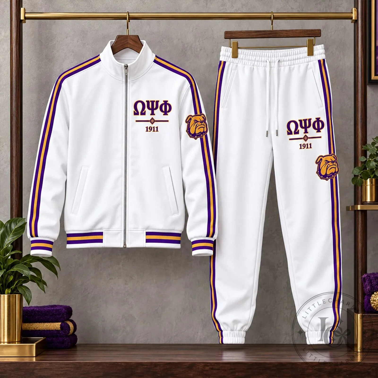White Tracksuit Set featuring Bulldog Logo and 1911 Founding Year for Omega Psi Phi Fraternity 11 White Tracksuit Set featuring Bulldog Logo and 1911 Founding Year for Omega Psi Phi Fraternity