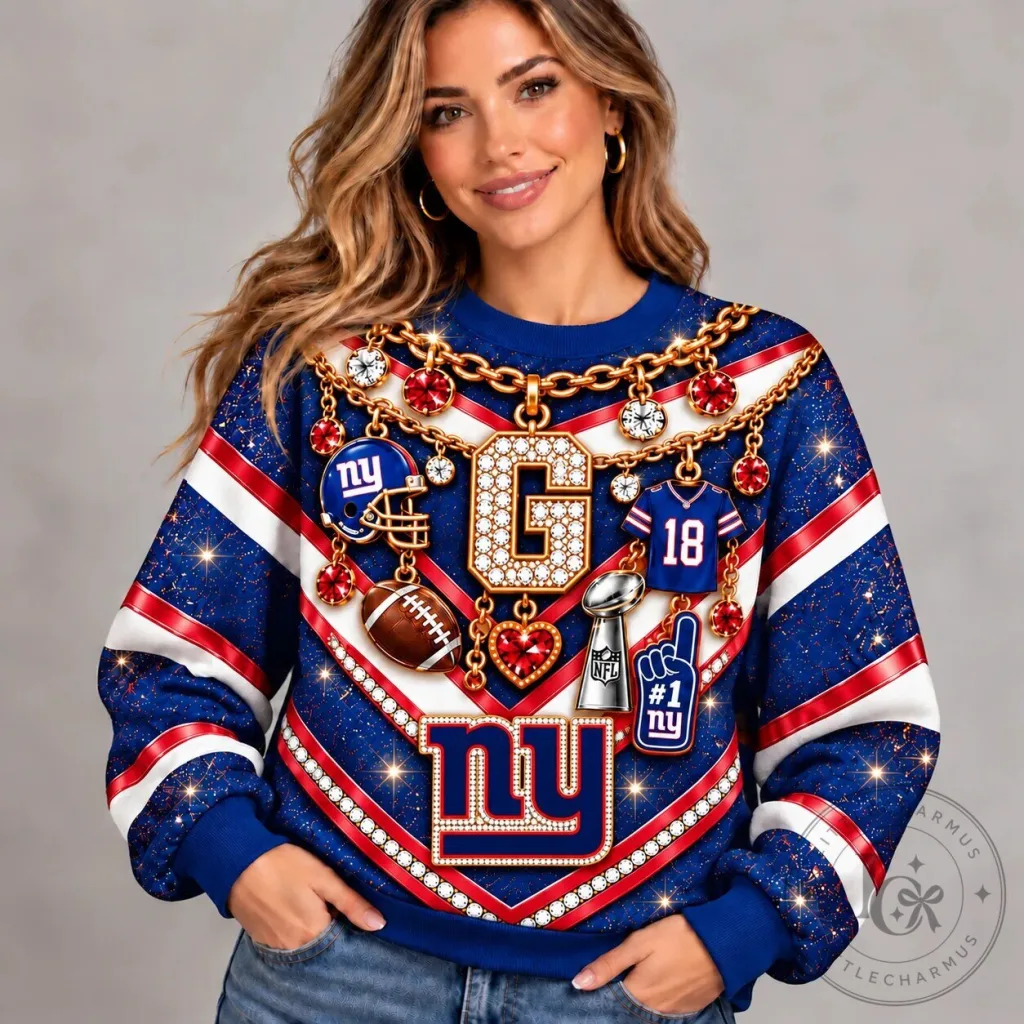 New York Giants NFL Luxury Bling Diamond Chain Pattern Sweatshirt New York Giants NFL Luxury Bling Diamond Chain Pattern Sweatshirt