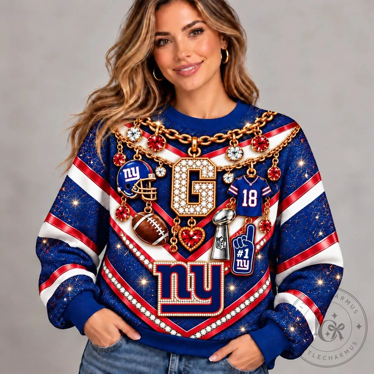 New York Giants NFL Luxury Bling Diamond Chain Pattern Sweatshirt 4 New York Giants NFL Luxury Bling Diamond Chain Pattern Sweatshirt