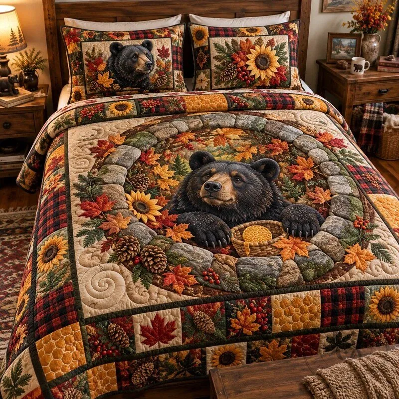 Autumn Bear and Sunflower Fall Quilted Bedding Set with Pillow Shams 7 Autumn Bear and Sunflower Fall Quilted Bedding Set with Pillow Shams